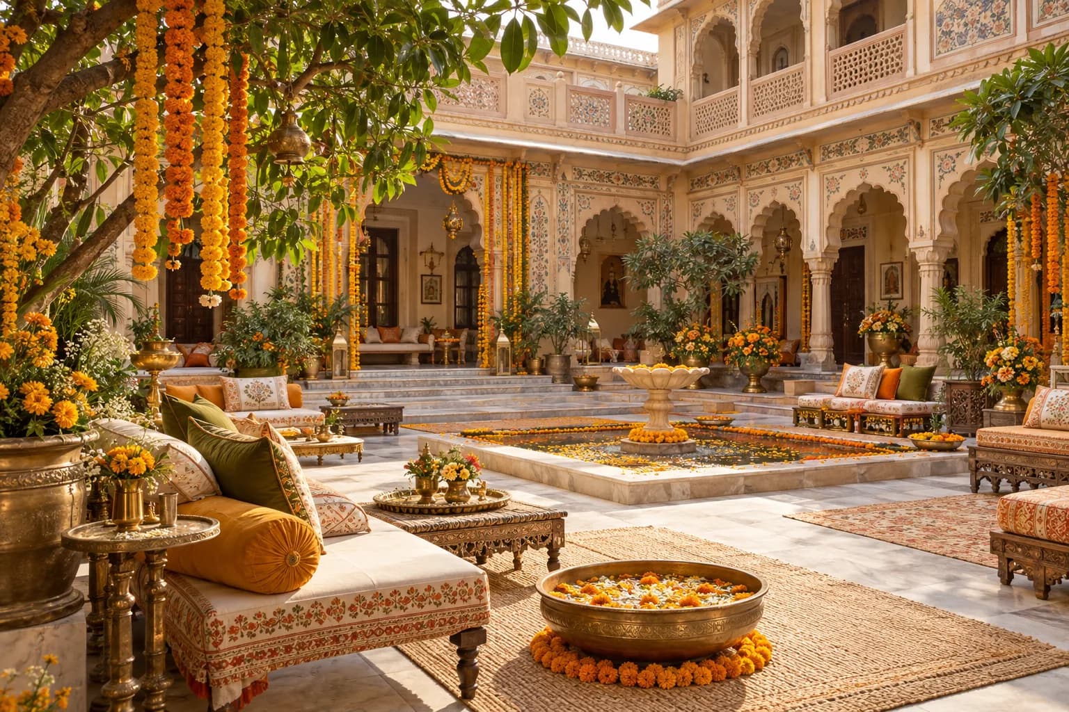 Illustrative heritage courtyard decorated for a ceremony