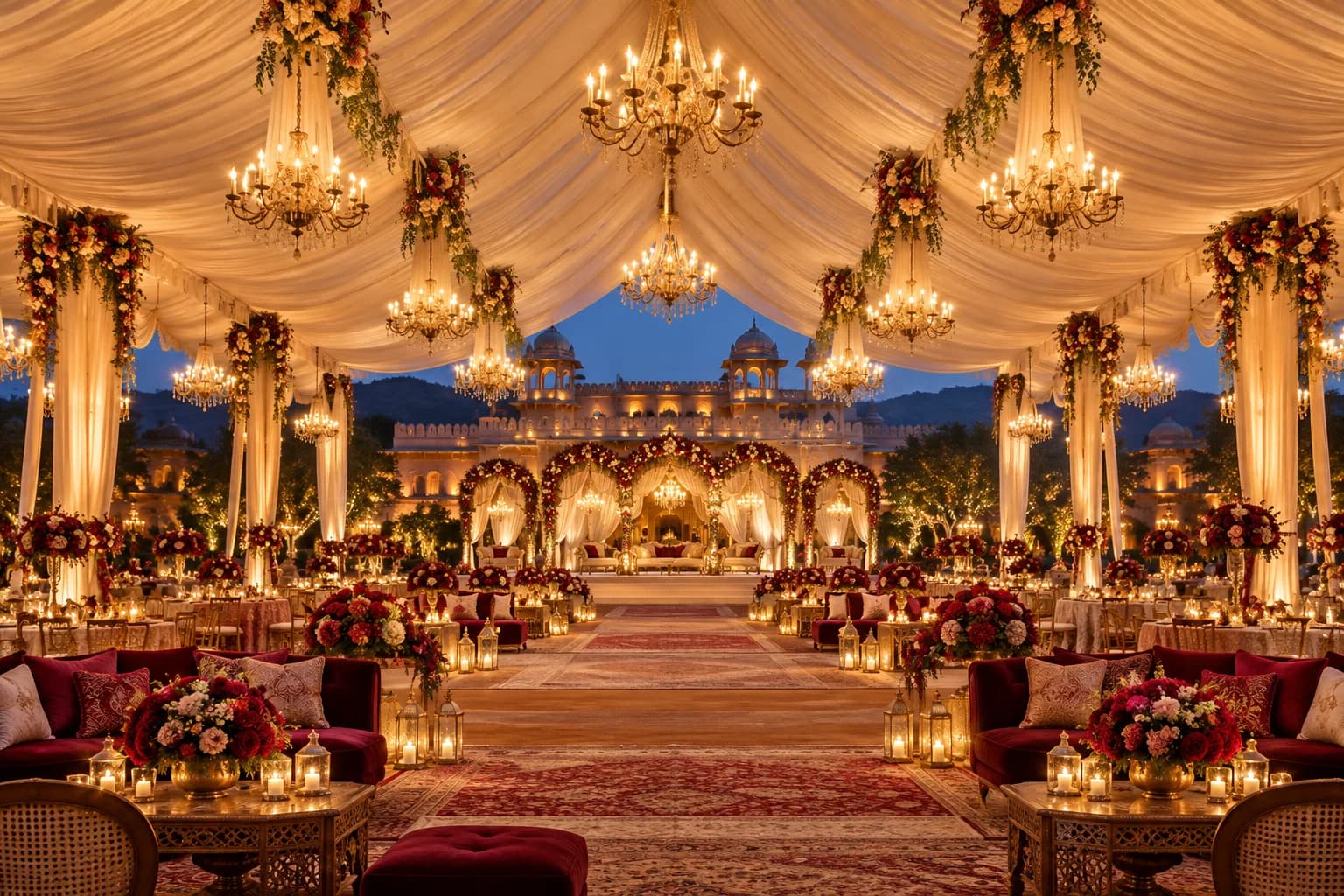 Illustrative luxury shamiana with chandeliers